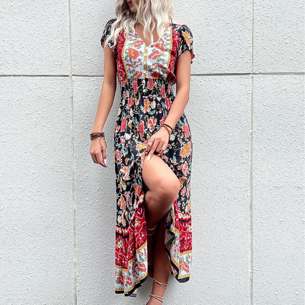 Popular 3 Summer New Long Skirt European and American V-neck Ethnic Printing Split-ended Dress