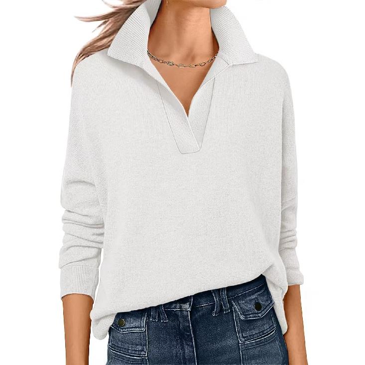 

2026 Women s Solid Color Top V-neck Long Sleeve Loose Fashion T-shirt S белый