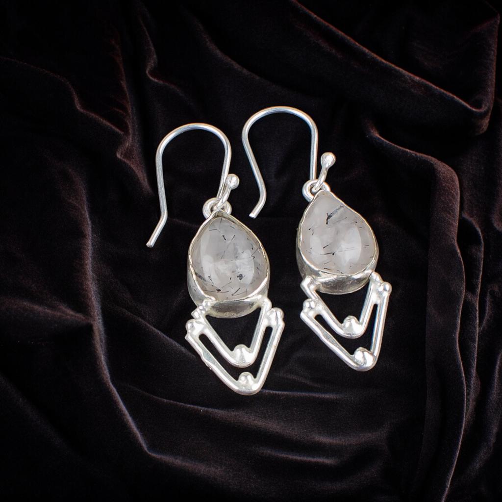 Rare Black Rutile Gemstone 925 Sterling Silver Handmade Jewelry Earrings 1.90" EE-39-23