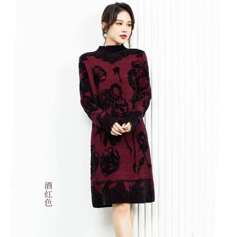 Women's Plus-size Sweater Dress Autumn Winter Fleece Mid-length Straight Knitted Dress Printed Flocking High-neck Skin-friendly Knitted Dress
