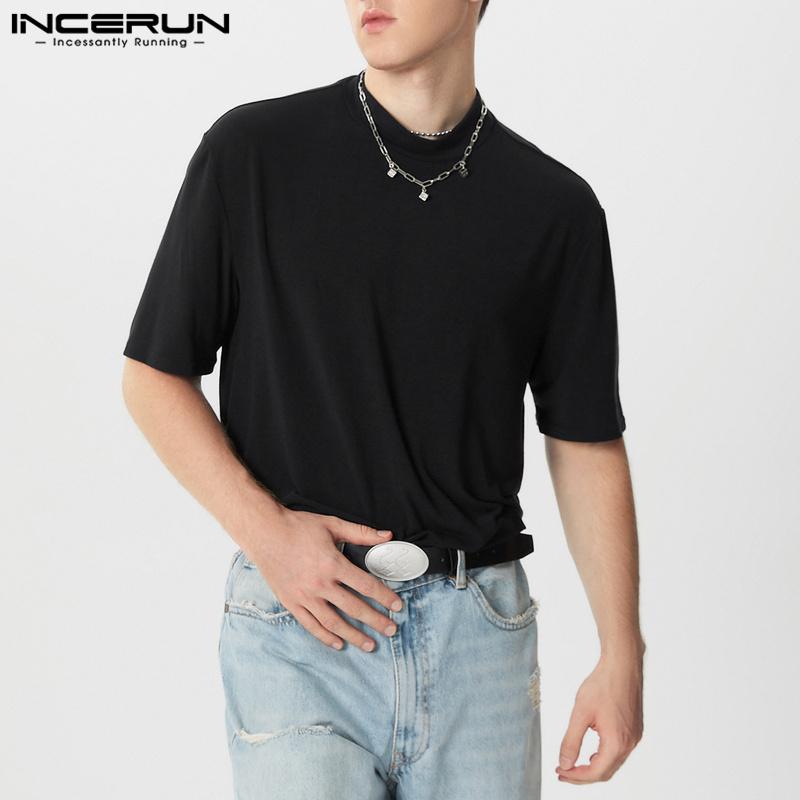 INCERUN Oversized Men High Neck Short Sleeve Casual Loose T Shirts Undershirts