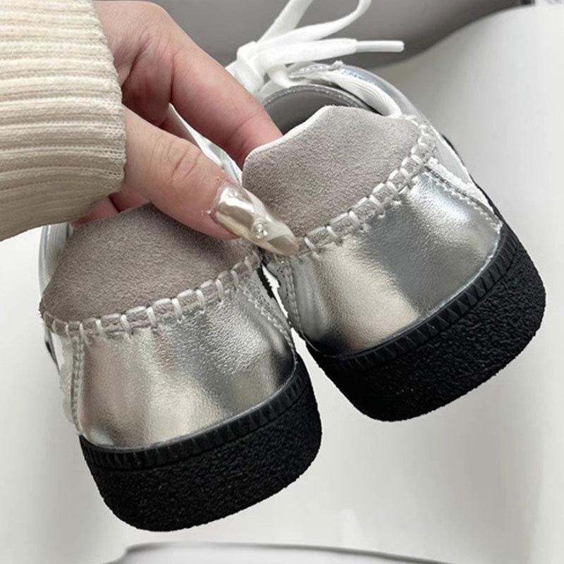 Silver Sneakers Women's Summer Lace Color Matching German Training Shoes Ballet Platform White Shoes Casual Round Head Board Shoes