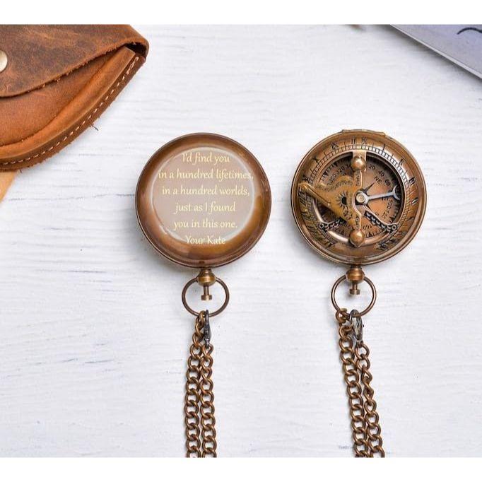 Pocket Compass Sundial Brass Nautical with Leather Cover Birthday Gift for Your Lovedones