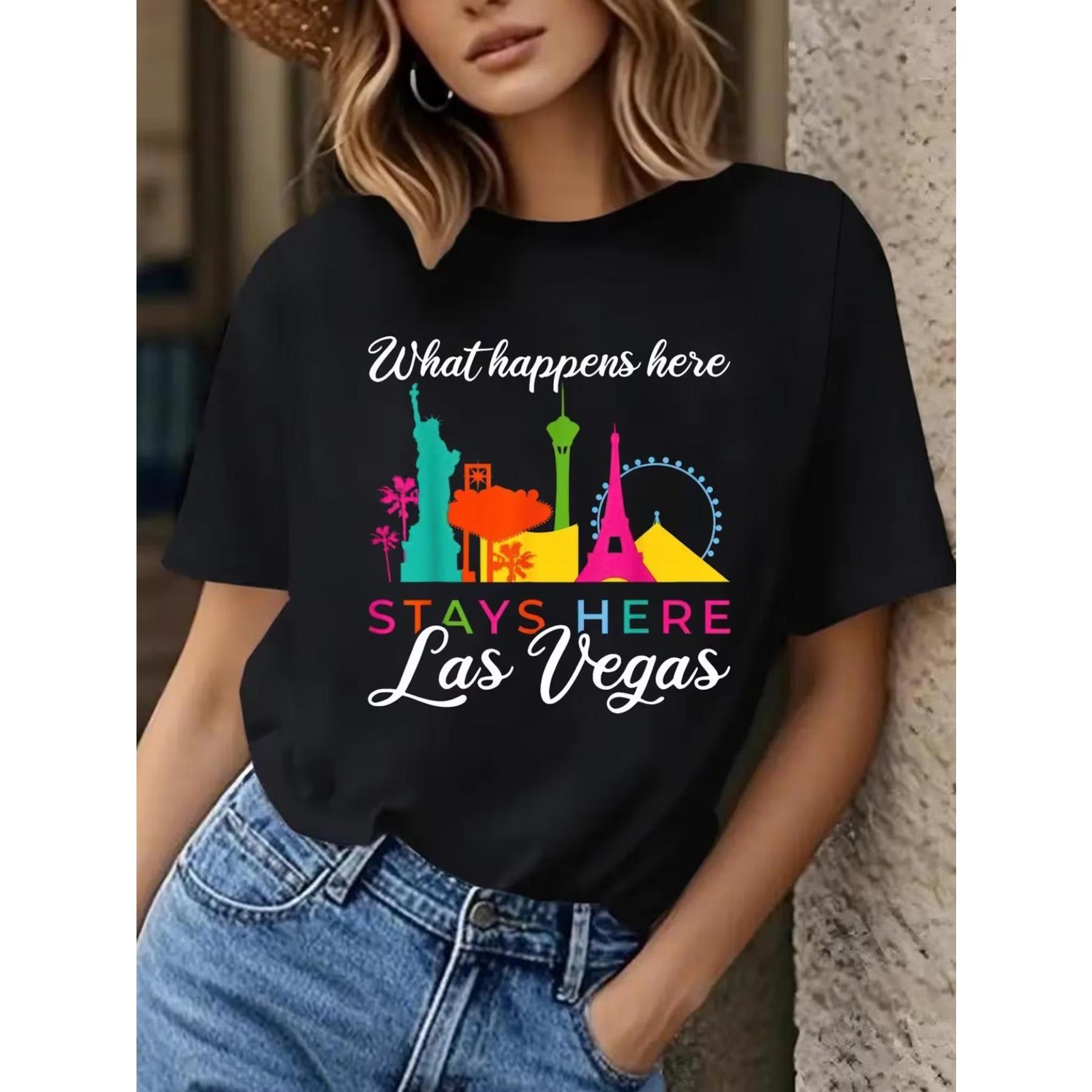 Футболка Лас-Вегас: Повседневный летний топ с круглым вырезом и короткими рукавами, с надписью  Что происходит здесь, остается здесь  S