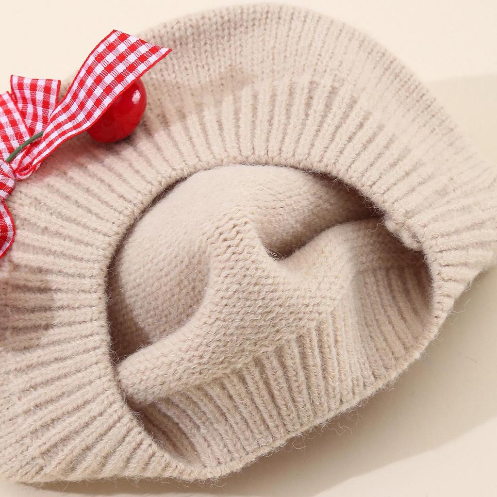 Charming Woolen Beret with Bow & Cherry for Kids - Autumn & Winter Solid Color Hat