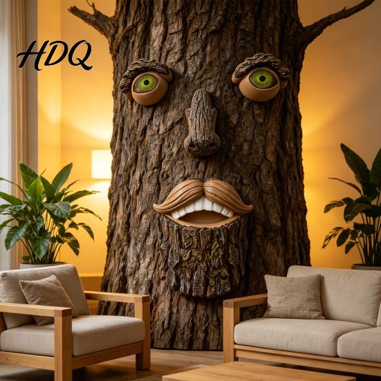 Funny Garden Decoration Tree Face Ornament Facial Features Outdoor Statues Resin Trunk Weather-Resistant for Yard Stump Statue