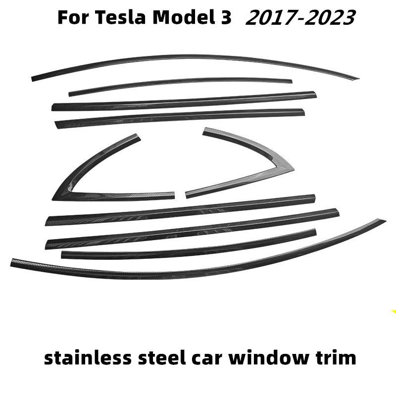 For Tesla Model 3 2017-2024 Accessories Stainless Steel Door Trim Cover Exterior Moulding Decoration Carbon Fiber Sticker Trim