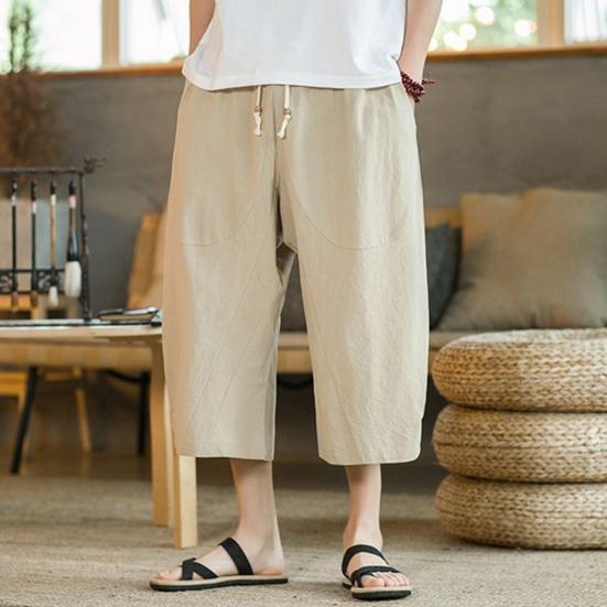Men Summer Pants Drawstring Elastic Waist Solid Color Mid-calf Length Pockets Daily Wear Wide Leg Plus Size Men Summer Trousers Men Clothes