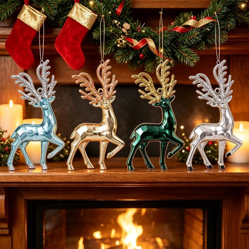 3D Christmas Deer Figures Ornament , 4 Plastic Tree Decorations with Reflective Finish and Sparkling Horns for Holiday Displays