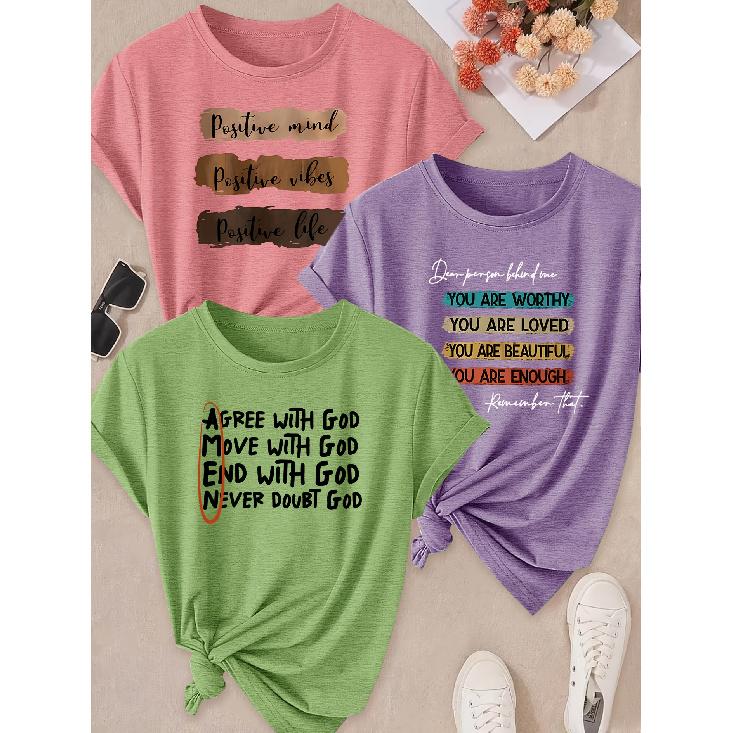 Spring and Summer Hot Sale Women's Clothing 3 Pack of round-neck short-sleeve shirts T Shirt Positive energy self-affirmation text print Sunlight