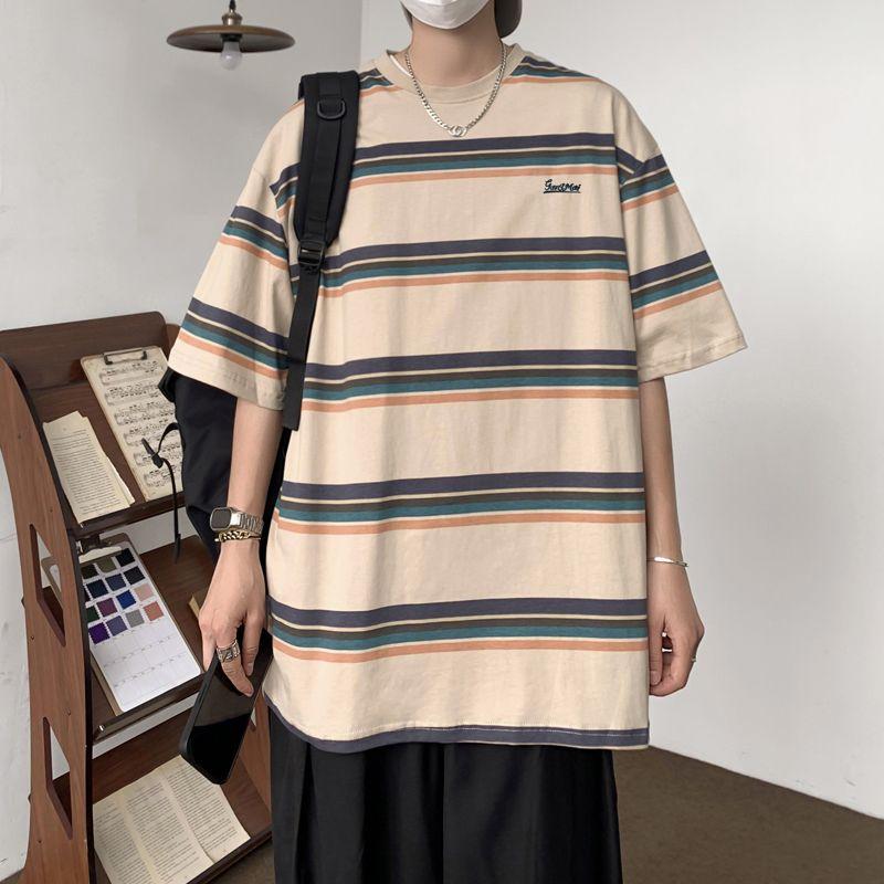 Vintage Japan Style Striped T-shirts Summer Contrasting Colors Men's Clothing Young Style Letter Loose Casual O-Neck Pullovers