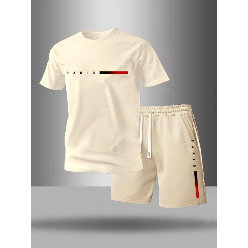 Men's paris letter round neck T-shirt + drawstring waist shorts set