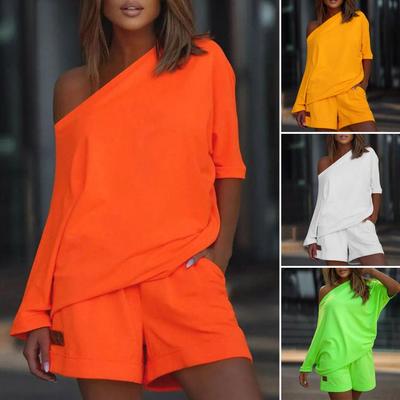 Women Summer Solid Color 2 Pcs/Set Tracksuit One Shoulder Short Pants Leisure Top Set for Daily Wear