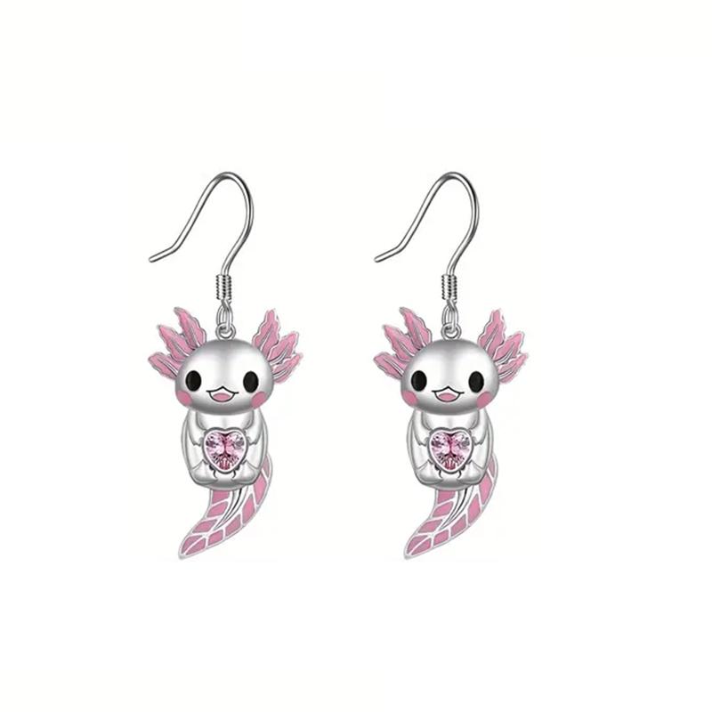 Cute Pink Heart Crystal Salamander Earrings For Girls Women Enamel Cartoon Newt Dangle Earrings Jewelry