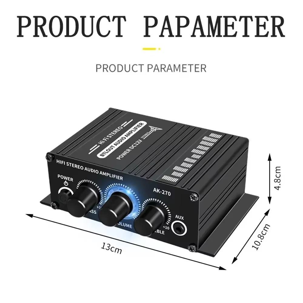 Mini HiFi Stereo Audio Amplifier AK270 2-Channel 12V 40W Car/Home Audio Power Amp RCA AUX Input/Bass Treble Control