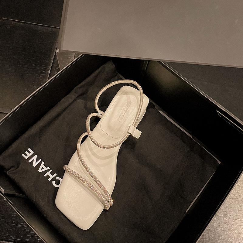 

Rhinestone open-toed sandals female 2025 new summer square head simple versatile fairy shoes 35