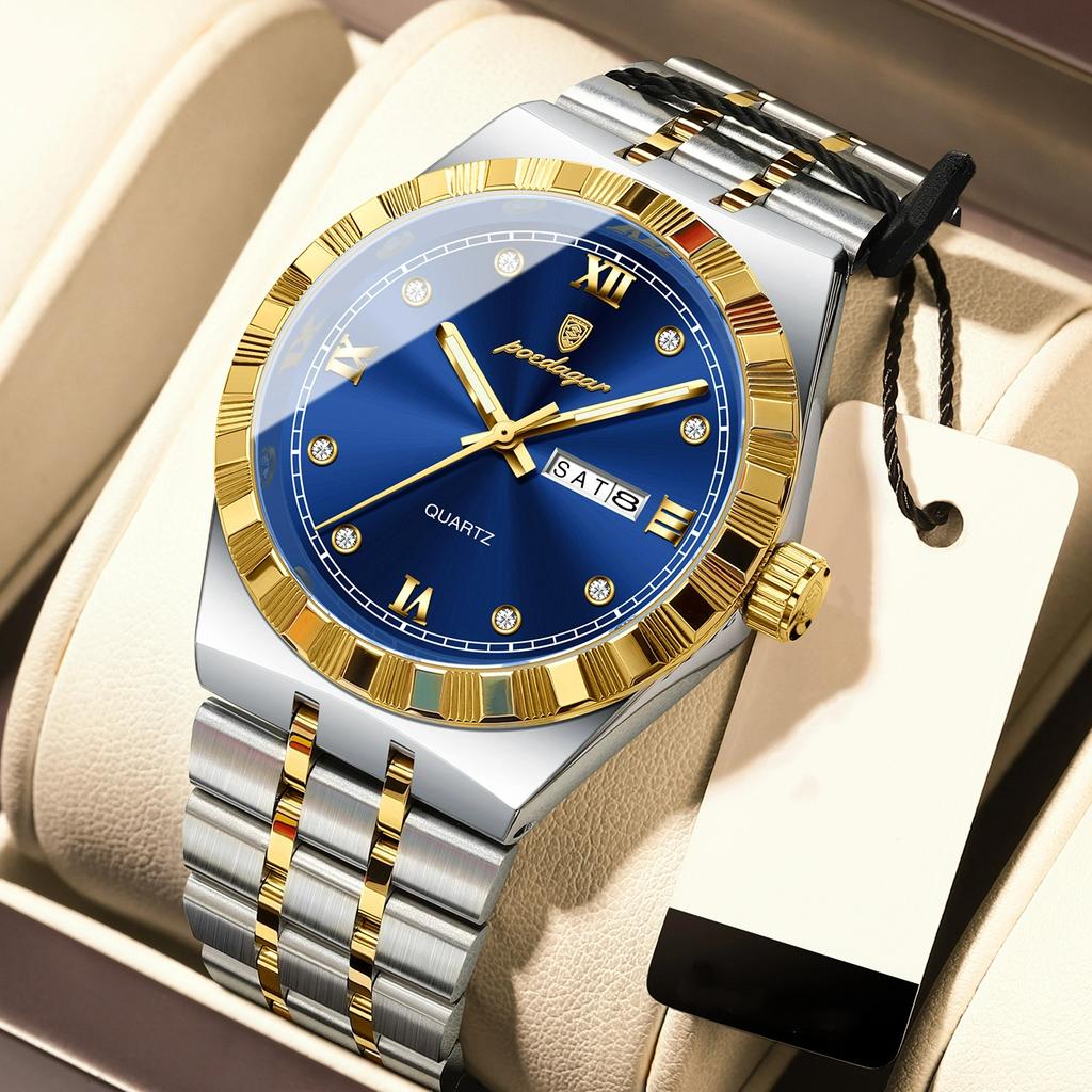 POEDAGAR Original Military Man Wristwatch Quartz Week Date Watch For Men Waterproof Luminous Stainless Steel Men's Watches