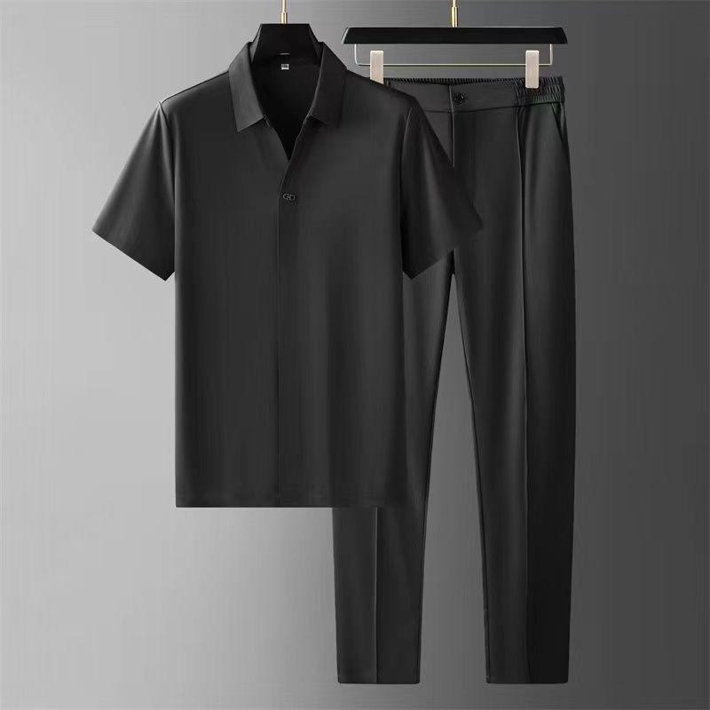 Summer Ultra-thin Silk Skating Silk High-end Seamless Laminated Short-sleeved Shirt Suit Men's Business Leisure Sports Two-piece Suit