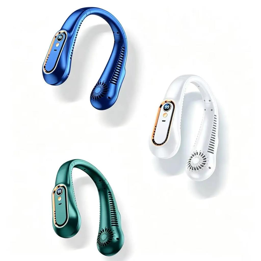 3-Color Optional Ice-Cooling Neck Fan Digital Display USB Rechargeable Bladeless Hanging Neck Fan for Summer Outdoor Use