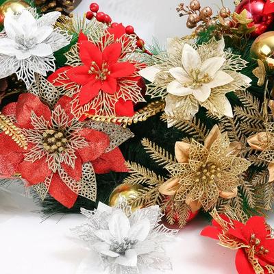 D5 12 Stück Künstliche Glitzer Weihnachtsblumen mit Clip für Christbaumschmuck Kunstblume Floral Neujahrsparty Heimdekoration