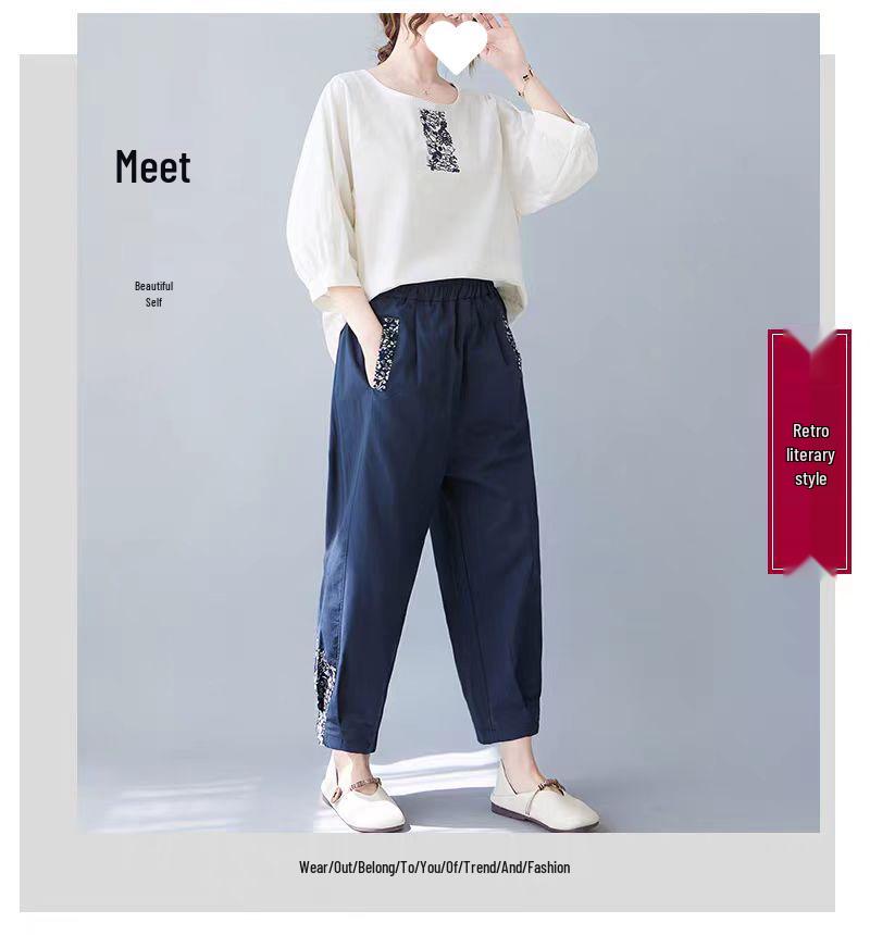 Korean Style Embroidered Cotton Linen Round Neck Mid-Sleeve Plus Size Women's T-Shirt