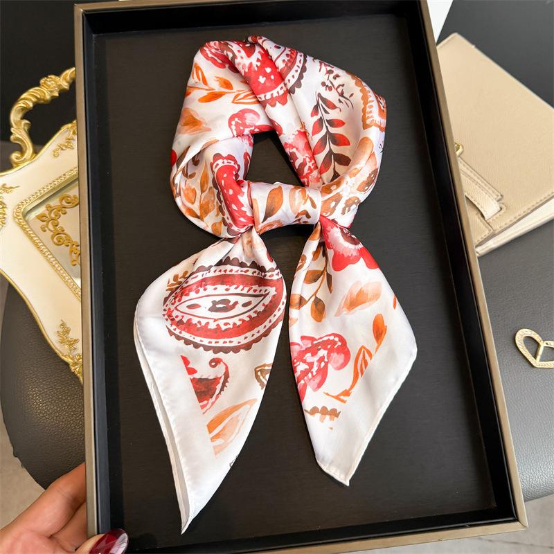 Silk Square Scarf Women Luxury Floral Print Soft Satin Kerchief Hairband Neckerchief Head Hijab Lady Headband Foulard Bag Ribbon