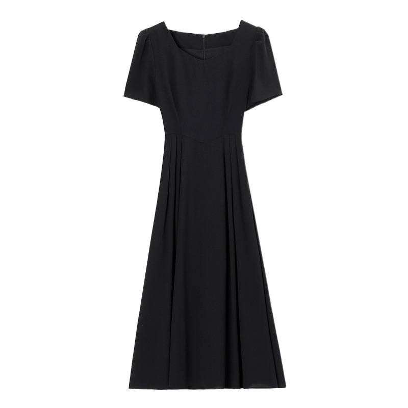 Hepburn-Inspired Women's U-Neck A-Line Summer Dress, Short-Sleeve, Slimming, Waist-Cinching, Long Style