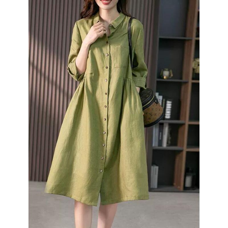 Fashion Elegant Loose Casual Shirt Dress Women Pockets Pleated A-line Single Breasted Dress Femlae Solid Simple Sexy Ladies Pink Dresses 1309
