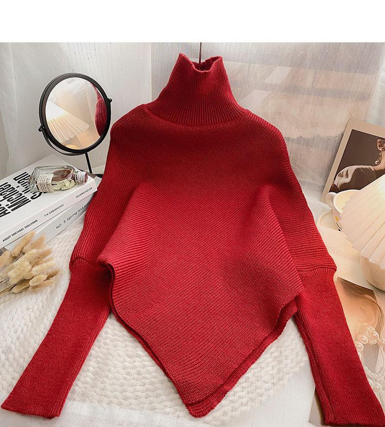 Women's Red High Collar Slim Knit Sweater - Autumn/Winter 2025 Korean Trend