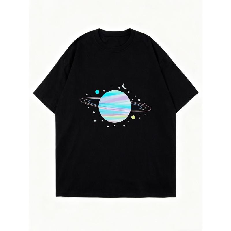 Übergroßes T-Shirt Schwarzer Planet Saturn mit Ringen und Sternen Druck Freizeitkleidung für Frauen Sommer-Outfit Streetwear Mode Top
