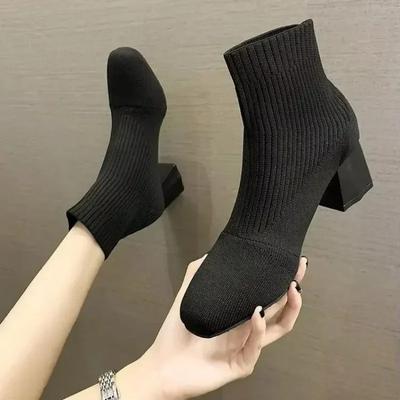 Herbst Neuer Stil Stretch Sockenstiefel für Damen Schuhe Blockabsatz Gelb Strickschuhe Elastische Baumwollstiefel Damen Schuhwerk