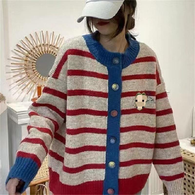 

Женский кардиган Love в полоску с вышивкой в корейском стиле 2023 года, осень/зима One size 80-130 синий