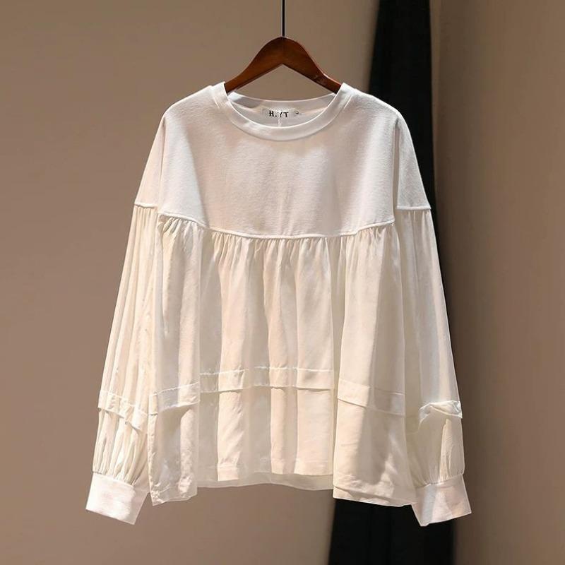 

Женский новый сшивной пуловер с круглым вырезом, модный однотонный, свободный и универсальный повседневный топ с длинными рукавами L белый