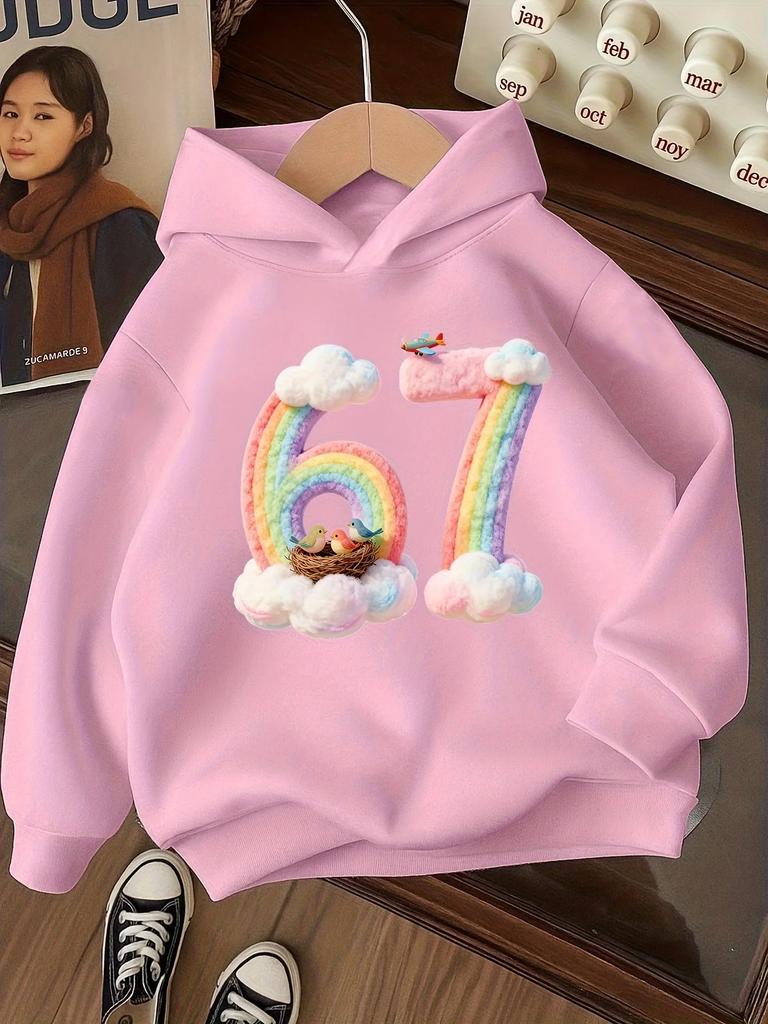 Kinder Süß Regenbogen Zahl 67 Aufdruck Hoodie Wolke Vogelnest Grafik Pullover Herbst Winter Fleece Warm Lässig Kapuzenpullover