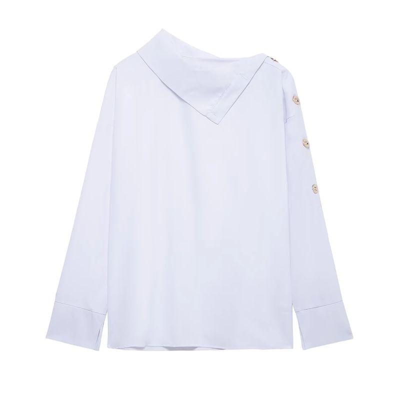 

Spring New Women s Clothing Korean Style Casual Elegant Socialite Diagonal Collar Long Sleeves Metal Buckle off-Shoulder Shirt Tops White L