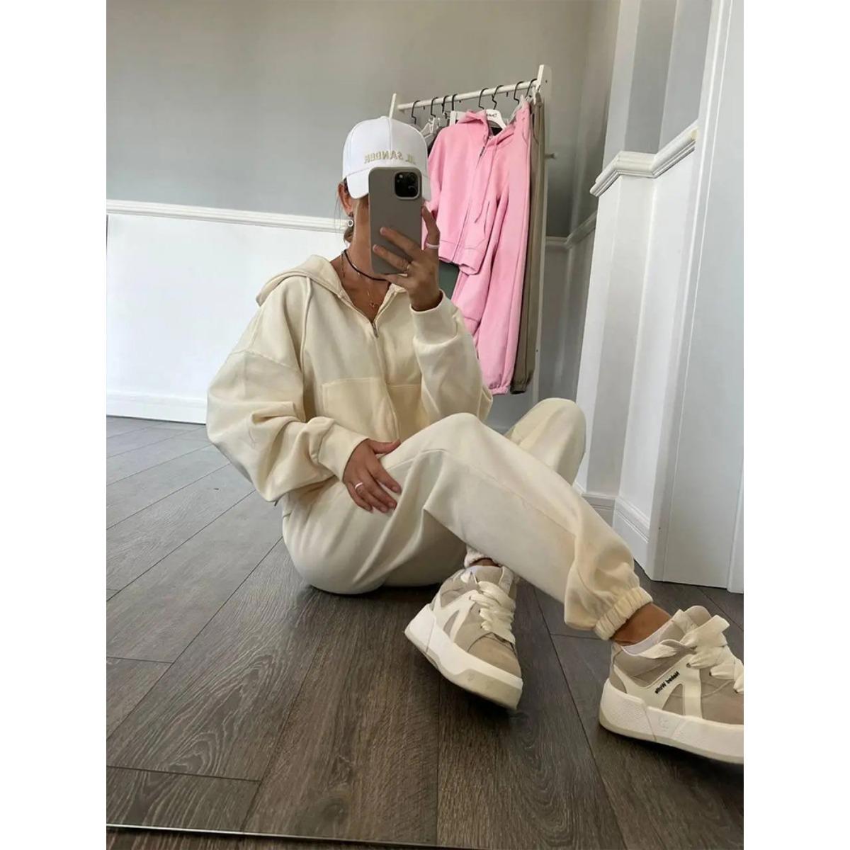 

Повседневный женский комплект однотонный худи на молнии с длинным рукавом и брюки на резинке, комплект из двух предметов M абрикосовый