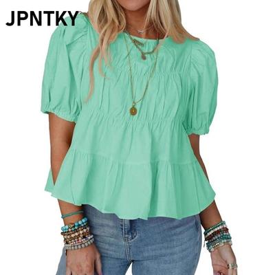 JPNTKY Women's Fashion Casual Solid Color Print Short Sleeve O-Neck Blouses & Shirts