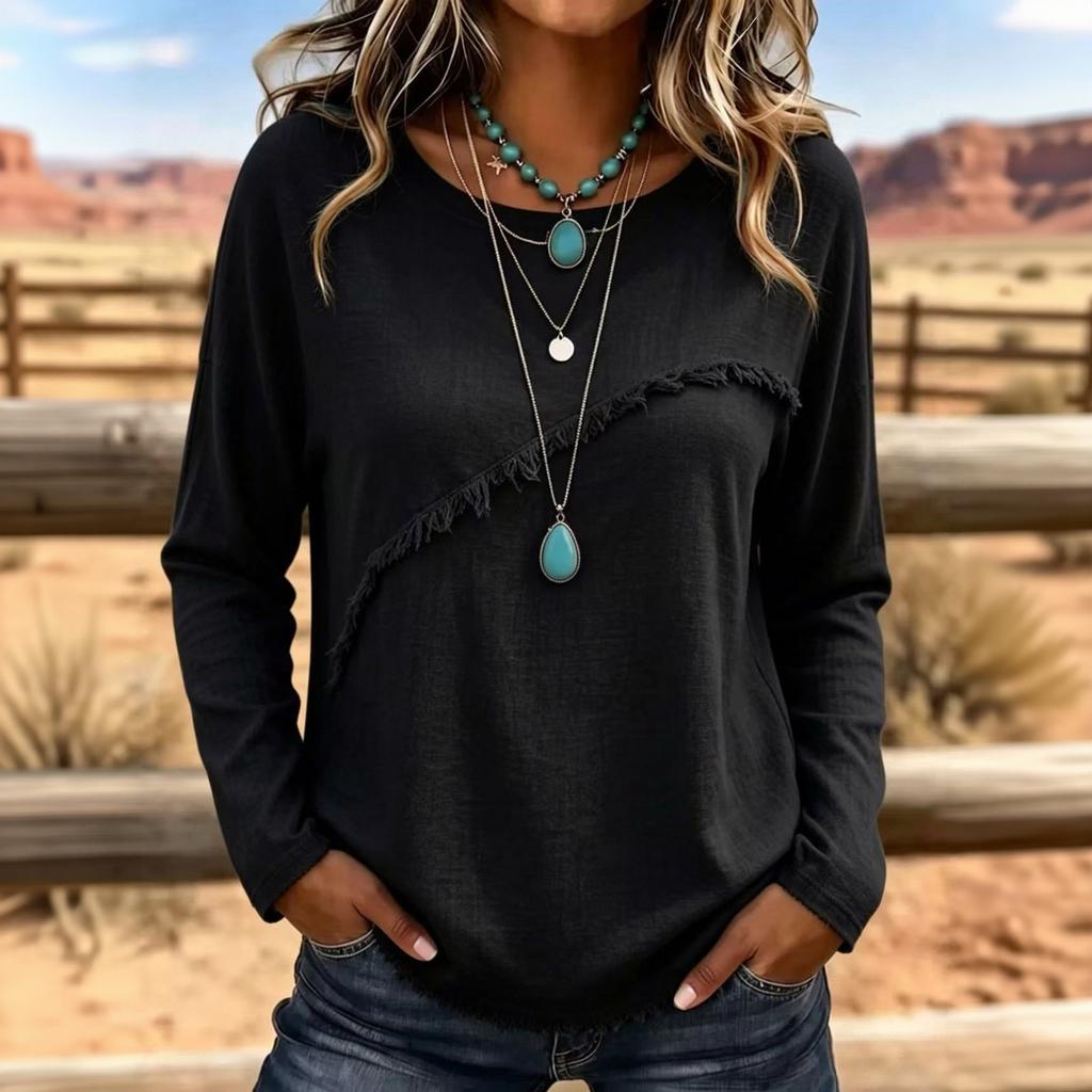 Women's Retro Trim Long Sleeve Blouse, Color Round Neck Top for Casual Wear