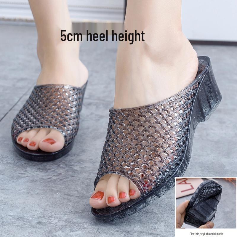 Women's Summer Crystal Wedge Slippers - Non-slip, Odor-proof, Thick Sole Transparent Sandals for Outdoor Wear