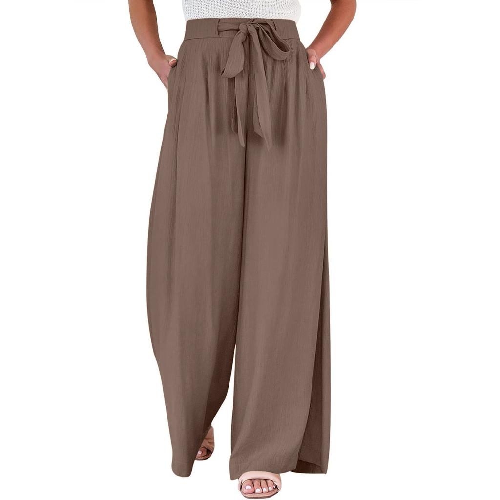 Womens Wide Leg Palazzo Pants High Waisted Adjustable Tie Knot Flowy Trousers Casual Loose Pant With Pockets