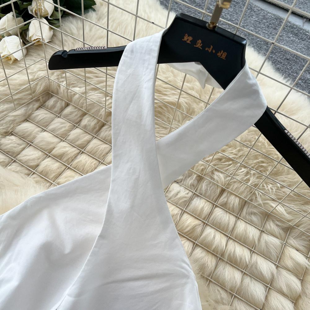 French holiday style white lace splicing neck dress women's pure desire high waist A word long dress elegant temperament