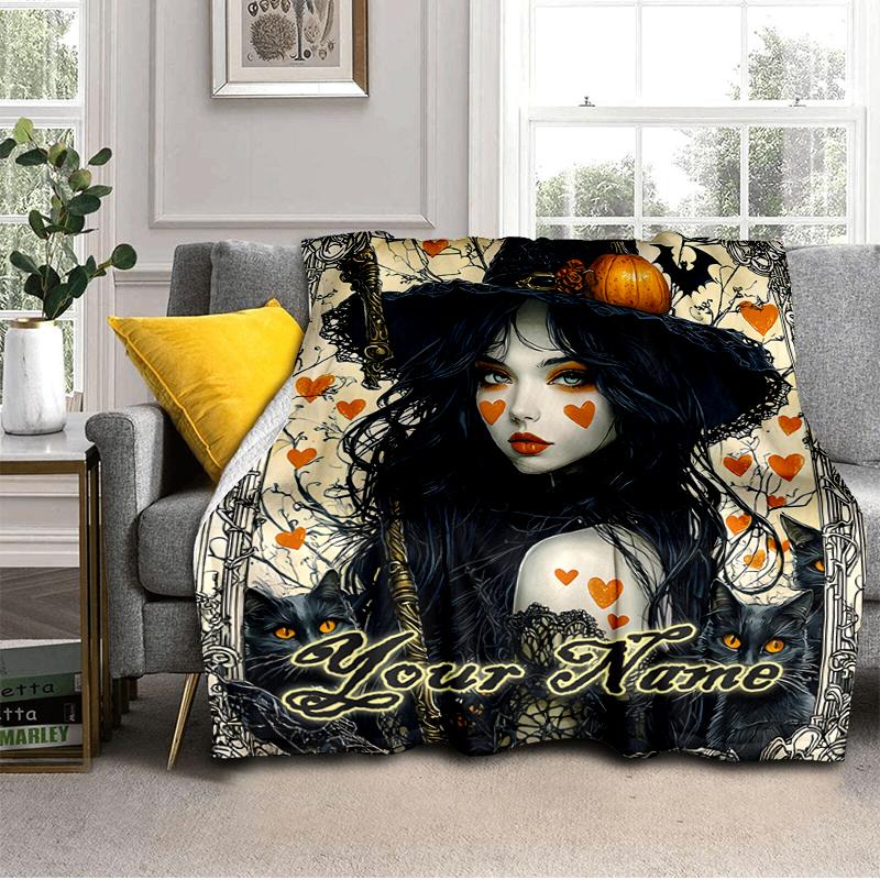 1PC Custom Name Witch's Halloween Fantasy Outdooor Flannel Blankets Throw Blanket All-Season Throw Gift Bedspread for Couch, Bed, Camping Holiday Birt