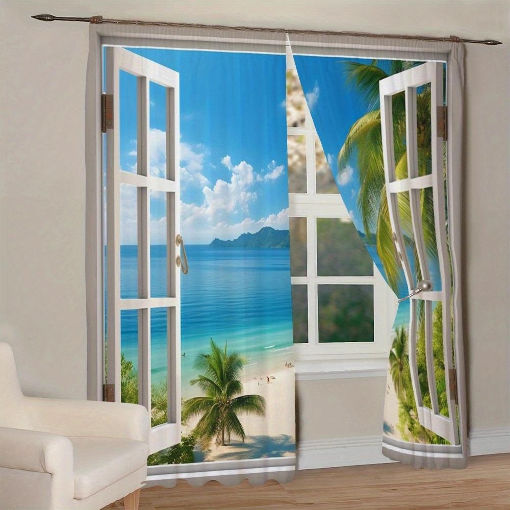 Beach Scenery Printed Curtain for Home Decor - Rod Pocket Window Treatment for Bedroom   Kitchen   Living Room
