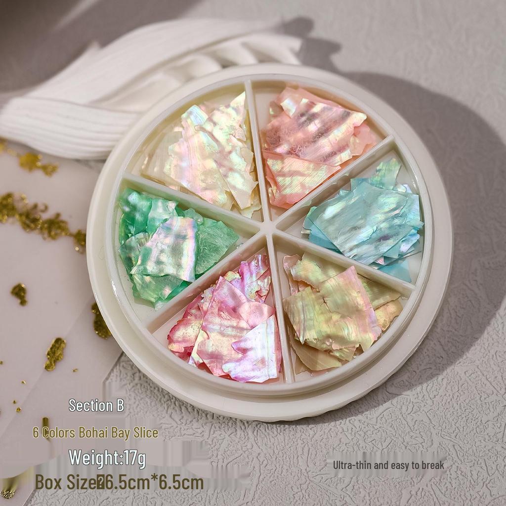 Round Box Iridescent Abalone Shell Nail Art Set - Six Colors, High-Gloss, Ultra-Thin, Irregular Fragments