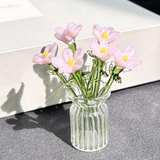 1 Set Glass Flower Bouquet with Vase Hand-Blown Mini Flower Decoration Home Living Room Handmade Simulation Floral Ornament with Stem