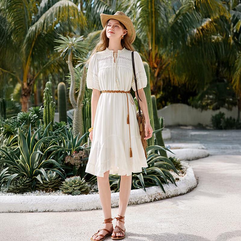 Xiangying French Lace Bohemian White Summer Midi Dress
