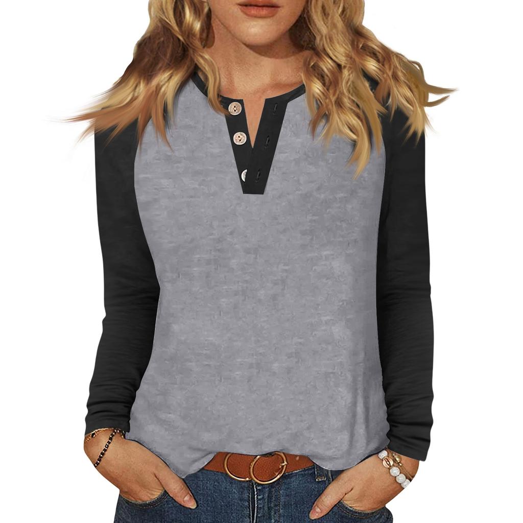 Women's T Shirt Color Block Button Long Sleeve Daily Weekend Fashion Basic V- Neck Regular Top