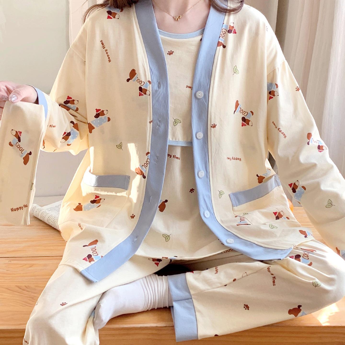 

Spring/Autumn Maternity Pajama Set: 3-Piece with Chest Pads for Breastfeeding, Adjustable for Postpartum Quadruple Extra Large