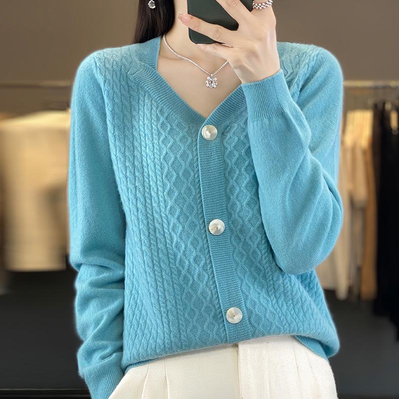 2023 Autumn/Winter Women's V-neck Slimming Cable Knit Cardigan Sweater - Versatile Wool Outerwear