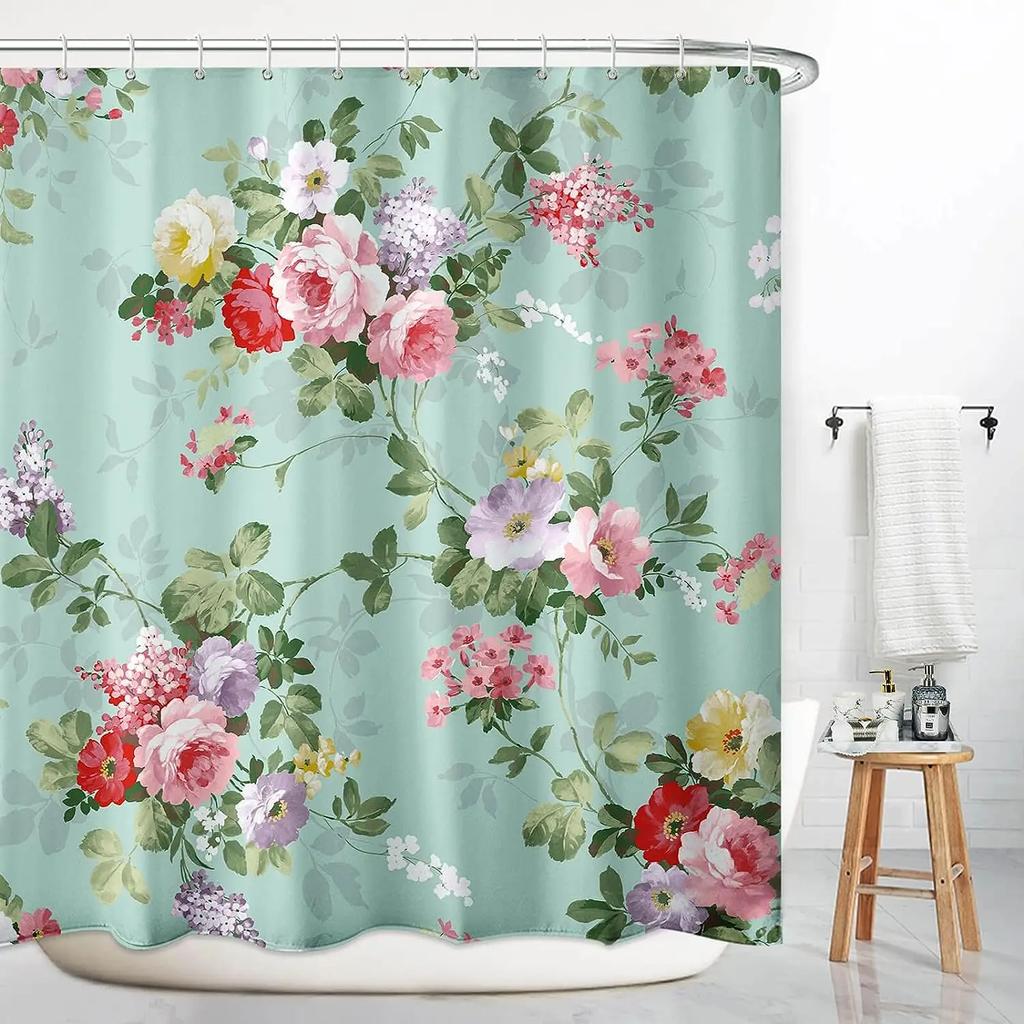 Yellow and Grey Floral Shower Curtain Watercolor Flower Shower Curtain for Bathroom Modern Minimalist White Fabric Bathroom Deco